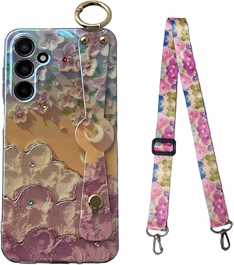 Luxury Glitter Bling Diamond Case for Samsung Galaxy A16 6.7 inch 2025,Vintage Oil Painting Flowers IMD TPU Shockproof Protective Phone Case with Wristband and Lanyard for Girl Women