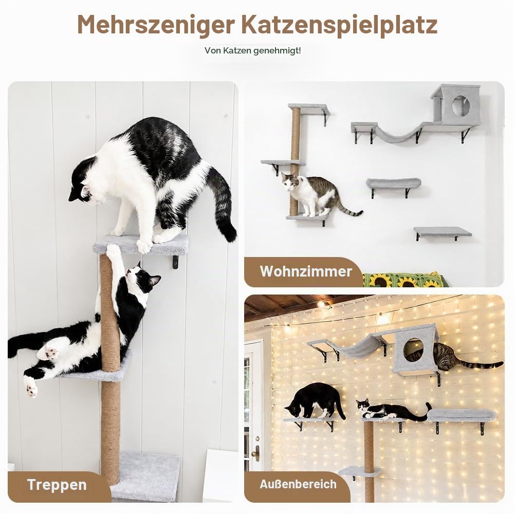 PawGiant 5-in-1 Kletterwand Katzen Set, Stabiles Holz Katzen Wandelemente mit Kratzbaum Wand, Kratzbrett, Katzenhöhle, Hängebrücke und Ruhe, bis 18 kg, Hellgrau