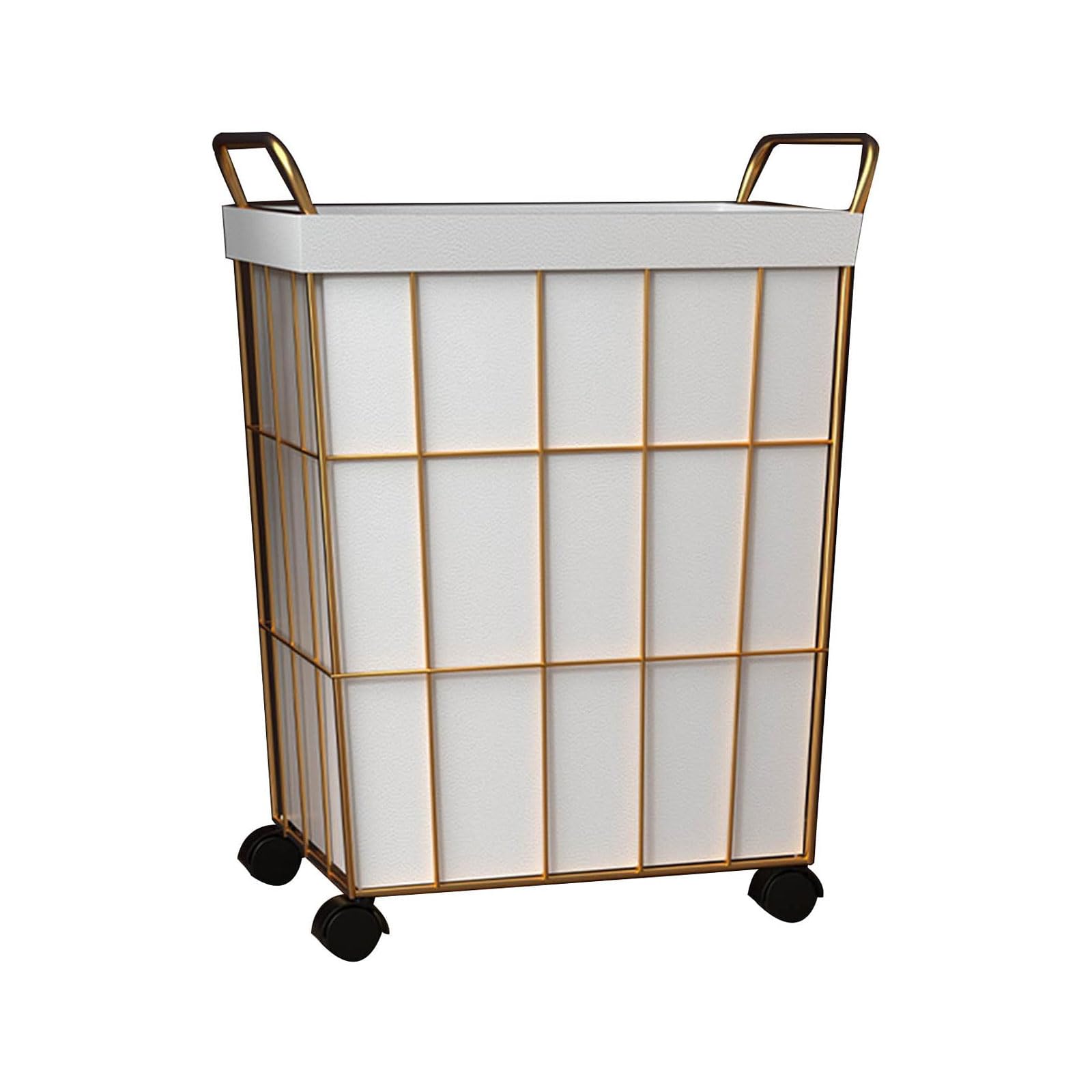 Cesto para la Ropa Sucia de Alambre de Hierro con Ruedas, Forro de Cuero, Bolsa y asa, Estructura de Metal Dorado, Organizador de Ropa para Dormitorio y balcón (Blanco, 38 x 28 x 54 cm)