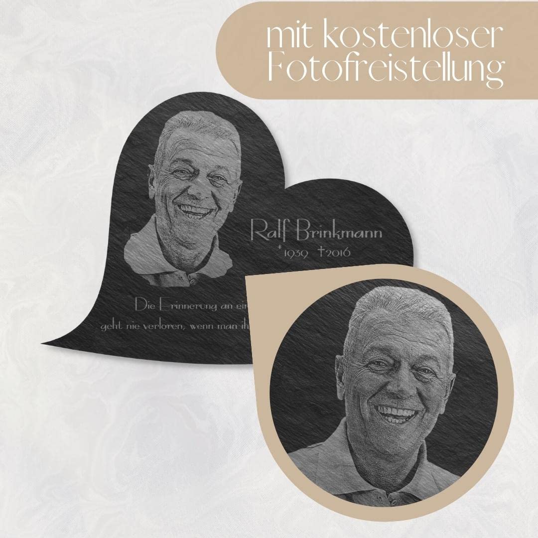 Grabstein Herz aus Schiefer mit Gravur - kleine Grabplatte in Herzform mit Foto & vielen Motiven - ab 18x13 cm - Grabdeko wetterfest imprägniert für Urnengrab - personalisierter Grabschmuck