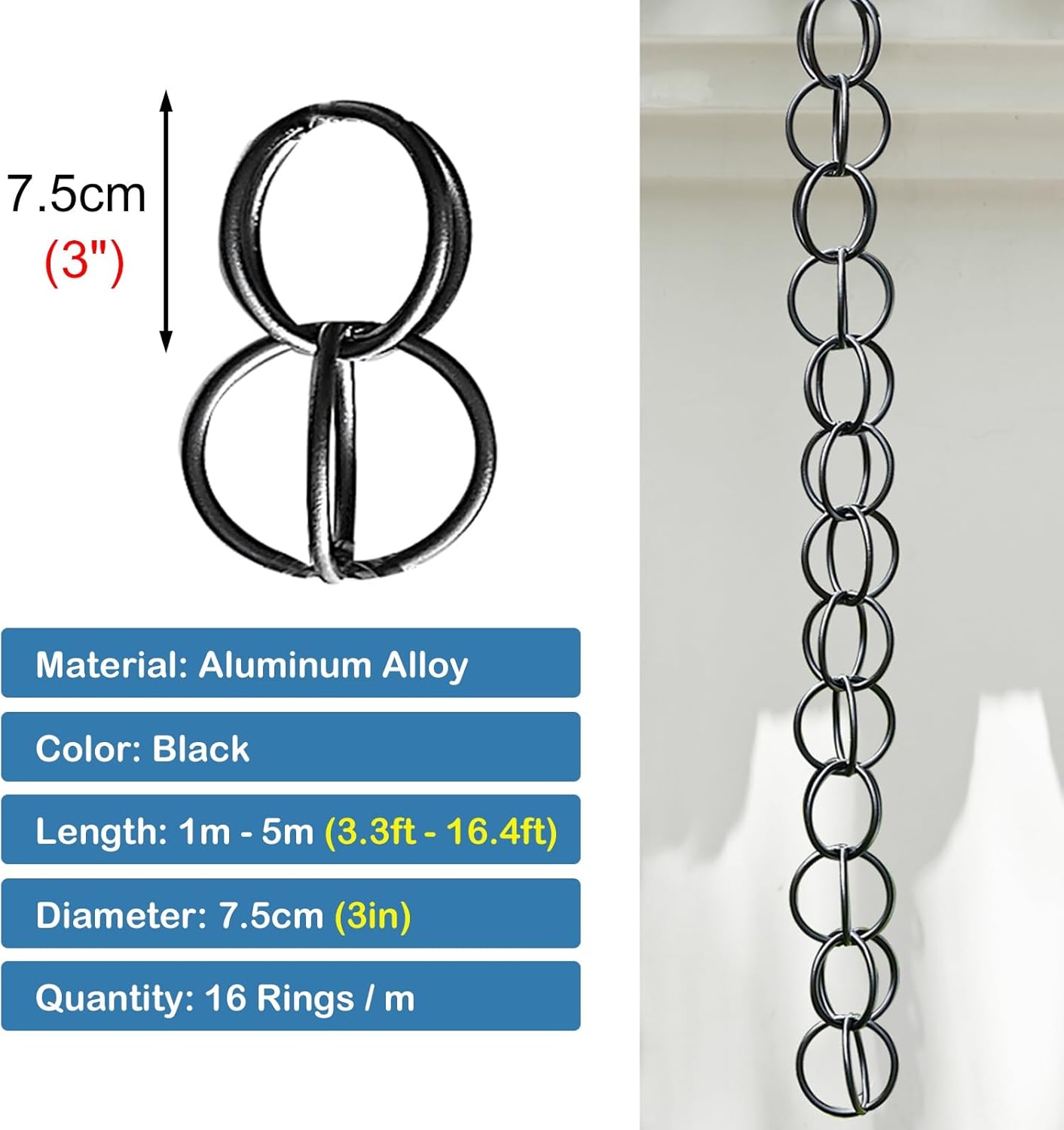 1m - 5m Rain Catcher Chain Drainage, Aluminum Alloy Eavestrough Diverter Rain Collector, 16 Circle/m Rain Chimes Decoration,4m (13ft)