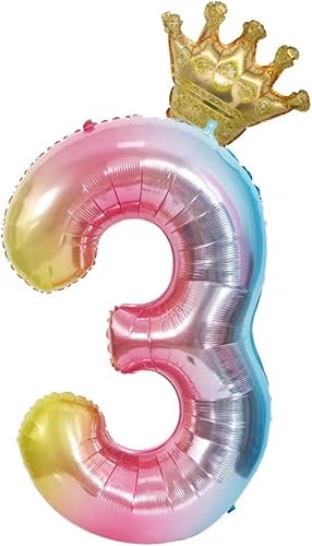 Juego de globos de corona de número 3 con degradado arcoíris de 40 pulgadas, globos de tercer cumpleaños, decoraciones de fiesta de tercer