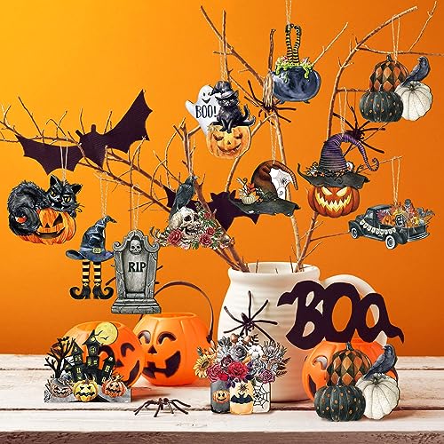 Huwena 36 Pcs Vintage Halloween Ornaments for Tree Retro Hanging Decor Pumpkin Witch Black Cat Bat Wood Cutouts with Ropes 90s Halloween Decoration for Haunted House Party Displays(Witch Hat) — view 2