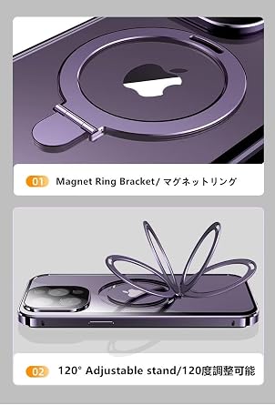 iPhone 15 Pro Max用ケース Magsafe対応 磁気吸着+安全ロック リングスタンド アルミバンパー 強化ガラススクリーンプロテクター iPhone15Promax, ブラック