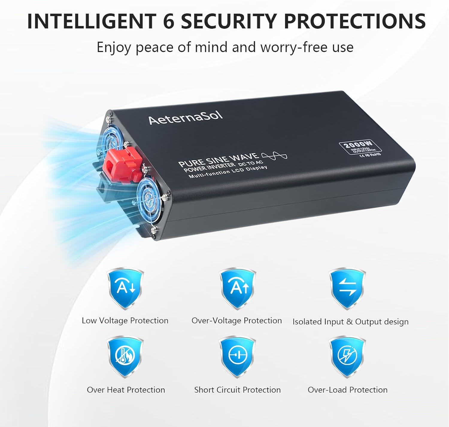 Pure Sine Wave Inverter 2000 watt Inverter DC 12V to AC 110-120V, Power Inverter for RV Truck Home Backup Solar with 2 AC Output, USB&Type-C, LCD Remote Monitor, Surge 4000W