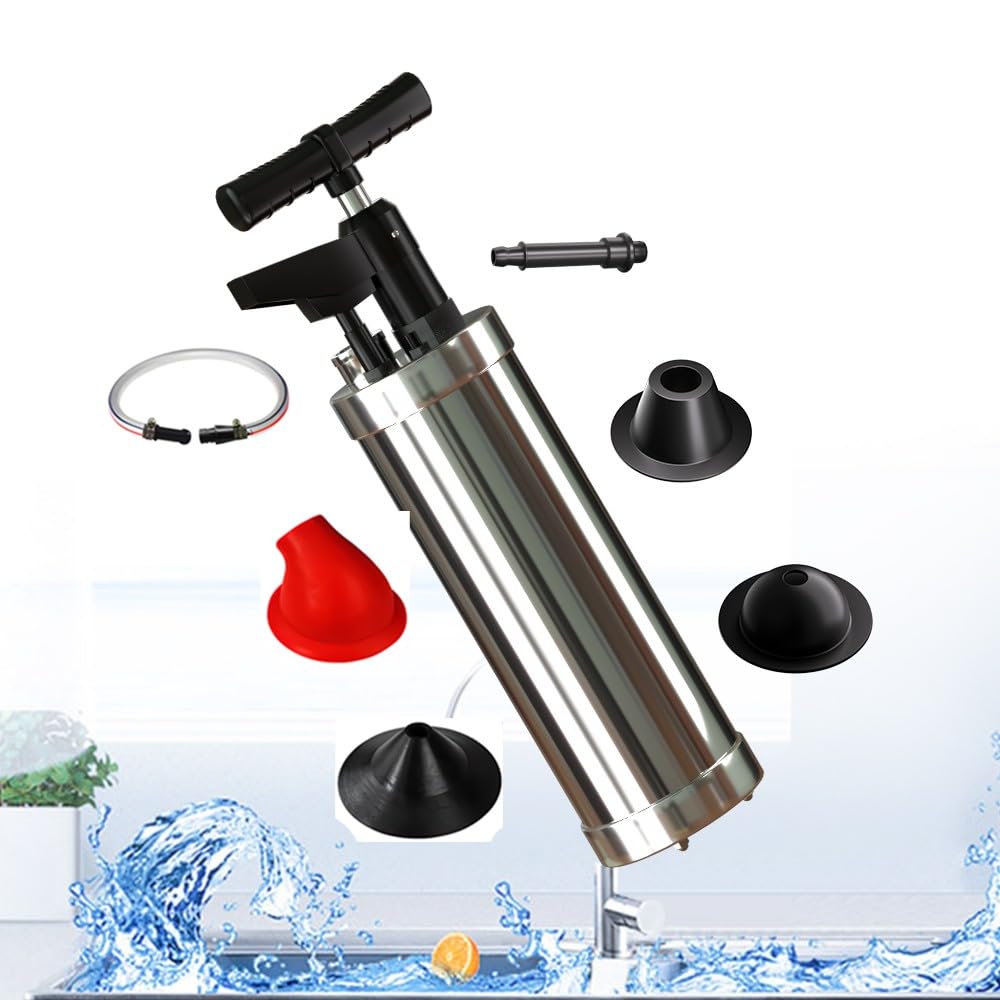 Desatascador WC con 4 Cabezales Reemplazables, Desatascador Émbolo de Inodoro de Alta Presión con Manómetro, Desatascador a Presión Desatascador, para Lavabo, Bañera, Piso