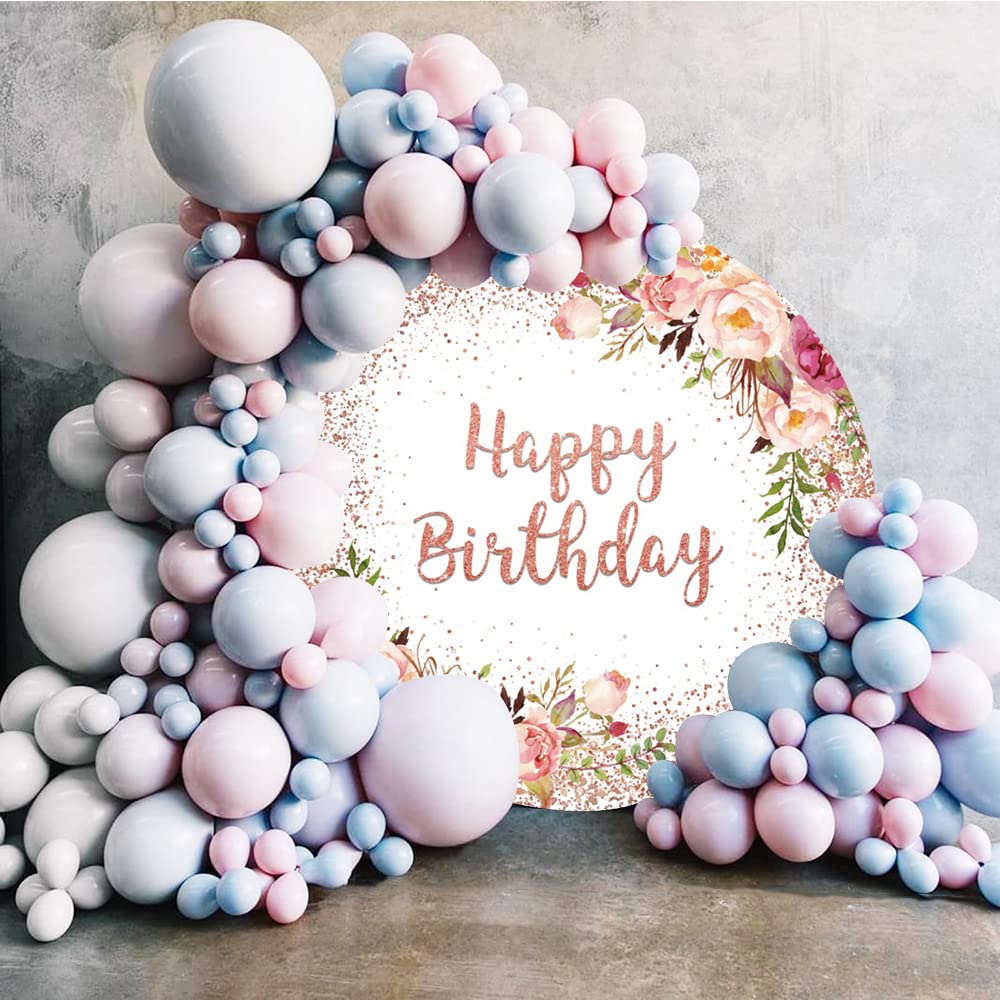 2,3 x 2,3 m 'Happy Birthday' tło różowe kwiatowe romantyczna róża okrągłe tła różowe złoto błyszczące kropki fotografia tło na przyjęcie urodzinowe dekoracja ciasto stół baner