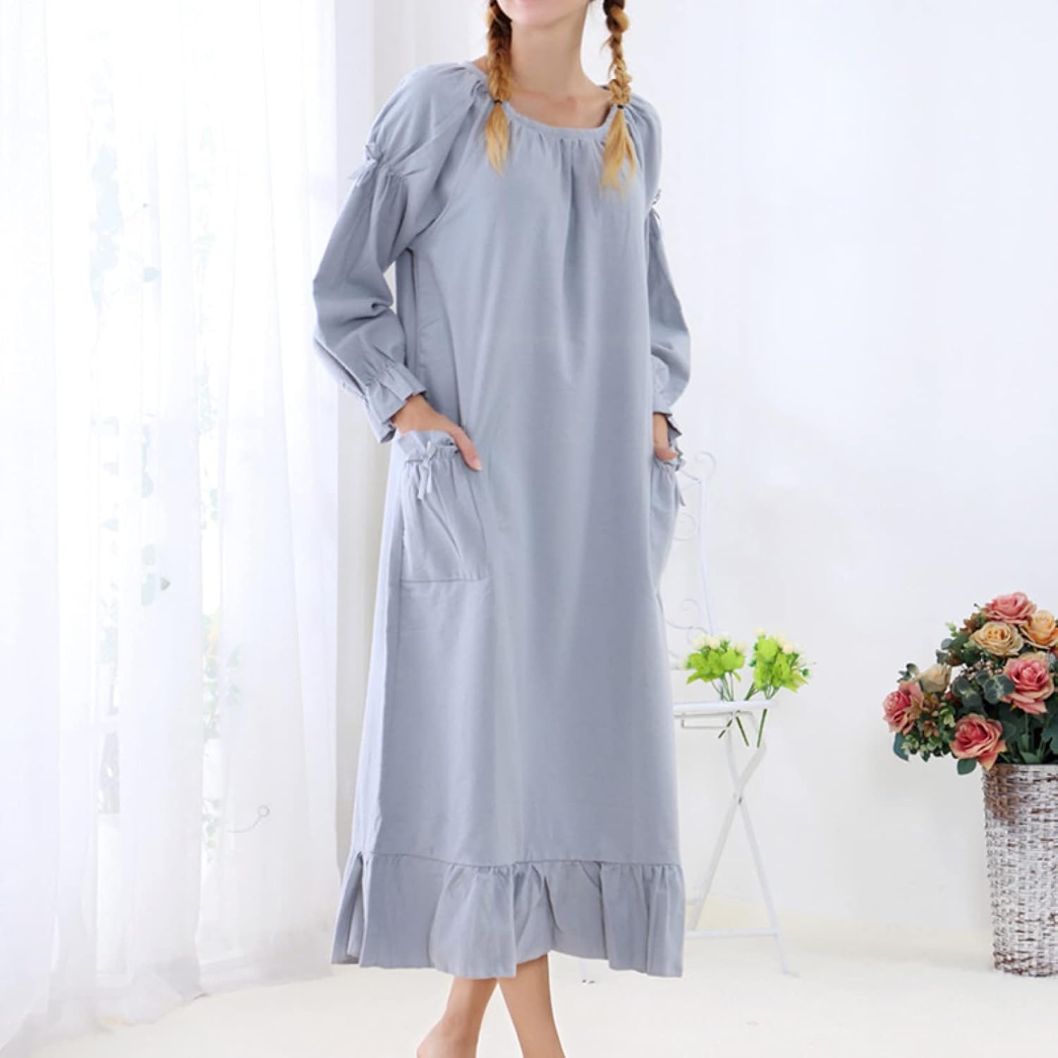 [シュウカ] ネグリジェ レディース XL 春夏 綿麻 無地 ワンピース 長袖 かわいい ロング 大きいサイズ ゆったり フリル ゆ