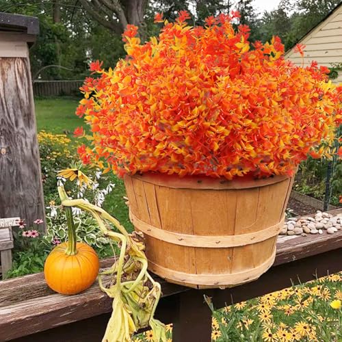 Satefello Artificial Fall Flowers for Outdoors, 10 Bundles Faux Flower UV Resistant Fall Fake Mums Plants for Outside Halloween Christmas Porch Decoration Fall Decor(Orange(Eucalyptus)) - image 5