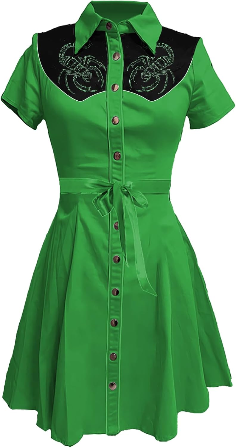 MARSVOVO Vintage Western Flower Printed Shirt Dress Women Summer Button Down Casual Retro Cowgirl Style Midi Dresses