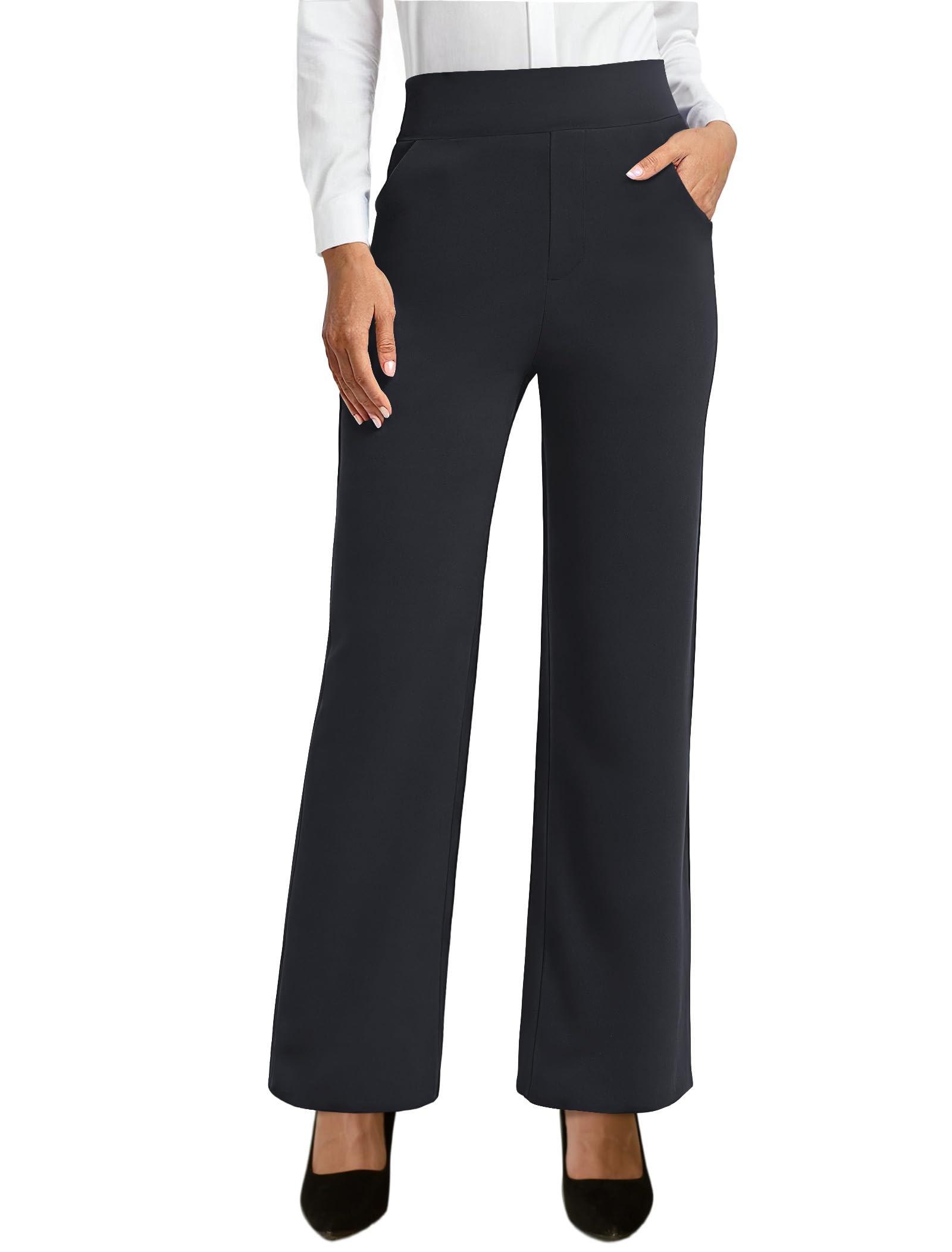 Womens Straight Leg Dress Pants Pull on Work Business Trousers Office Slacks with Pockets