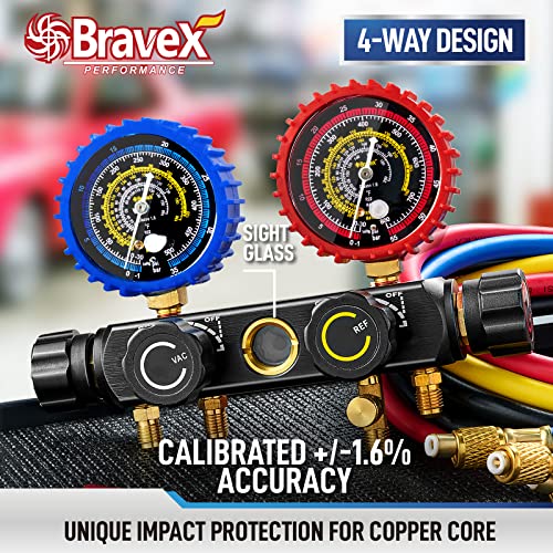 [2022 Upgraded]4 Way Ac Manifold Gauge Set, Hvac Gauges Set For R404A R134A R22 R410A Refrigerants, Ac Gauges With 5Ft Hose, 3 Acme Tank Adapters, Adjustable Couplers And Can Tap #TOP1