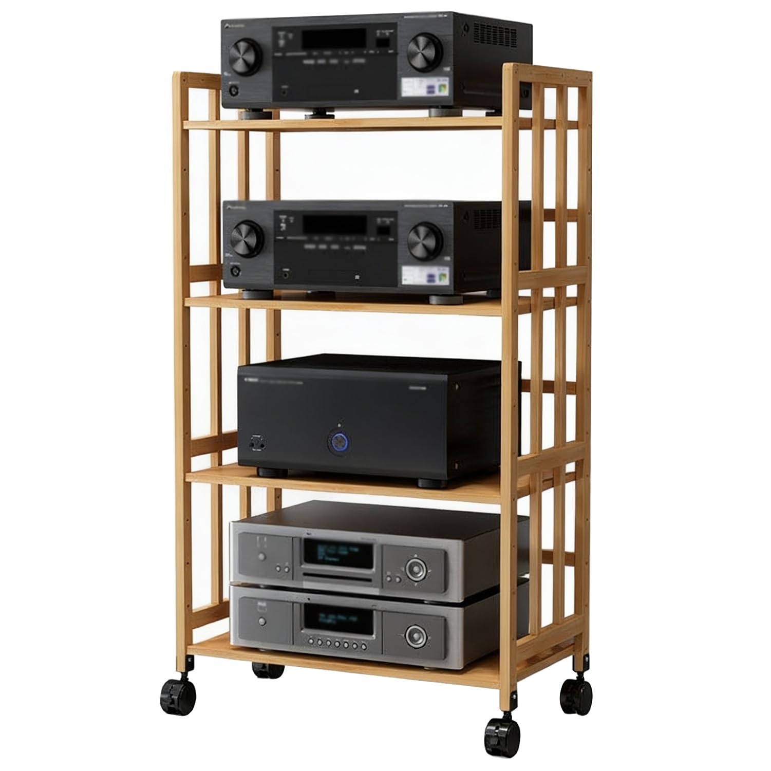 Stojak na sprzęt audio-wideo z 2/3/4/5 poziomami, szafka stereo z kółkami i regulowanymi półkami, bambusowy stojak na sprzęt HiFi do salonów, kin domowych, sypialni (B, 2 poziomy – dł. 60*szer. 3