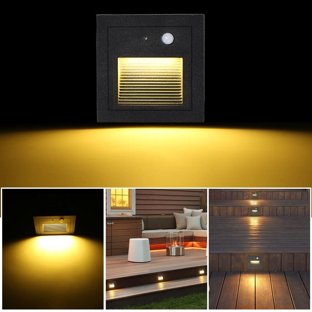 Oświetlenie schodów LED, 4 sztuki, do wbudowania w ścianę, aluminium, 3 W, 230 V, ciepła biel, oświetlenie schodów, oświetlenie zewnętrzne z czujnikiem ruchu, lampa ścienna, oświetlenie