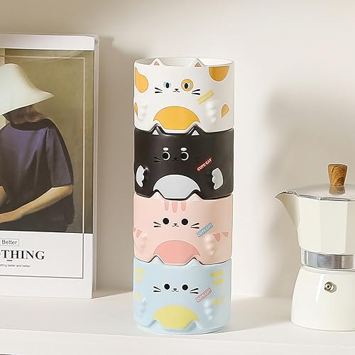 Miniatura 3 de GENTI Juego de 2 tazas Kawaii de cerámica para gatos, apilables, lindas tazas de té para mujeres, regalo para cumpleaños, día de San Valentín,
