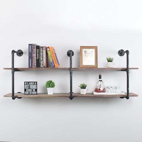 Miniatura 31 de MBQQ, Estantes de tubería industrial con madera, estante de montaje en pared rústico, estantería de metal colgada, estantería flotante de