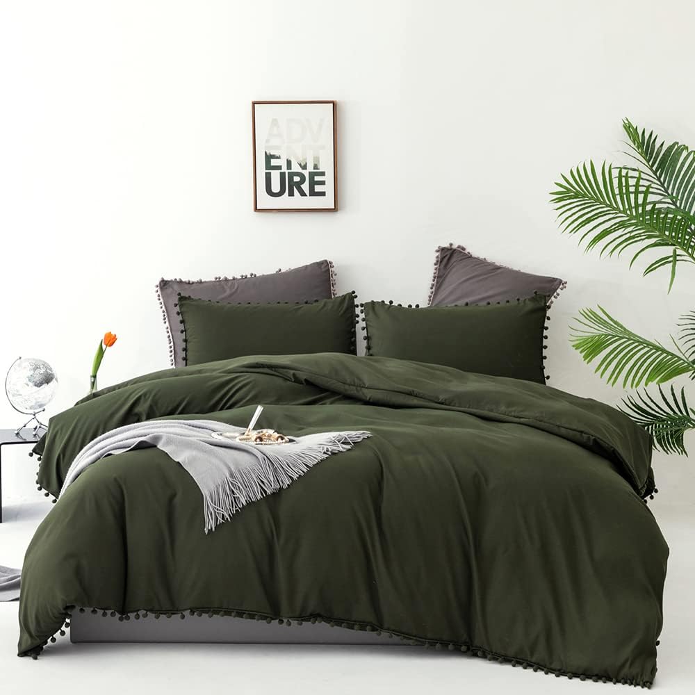 CLOTHKNOW Army Green Queen Comforter Set Ball Pom Fringe Bedding Comforter Sets