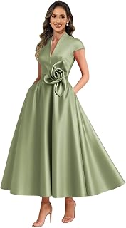 Tea Length Satin Mother of The Bride Dresses for Women V Neck A Line Formal Evening Dresses with Cap Sleeves