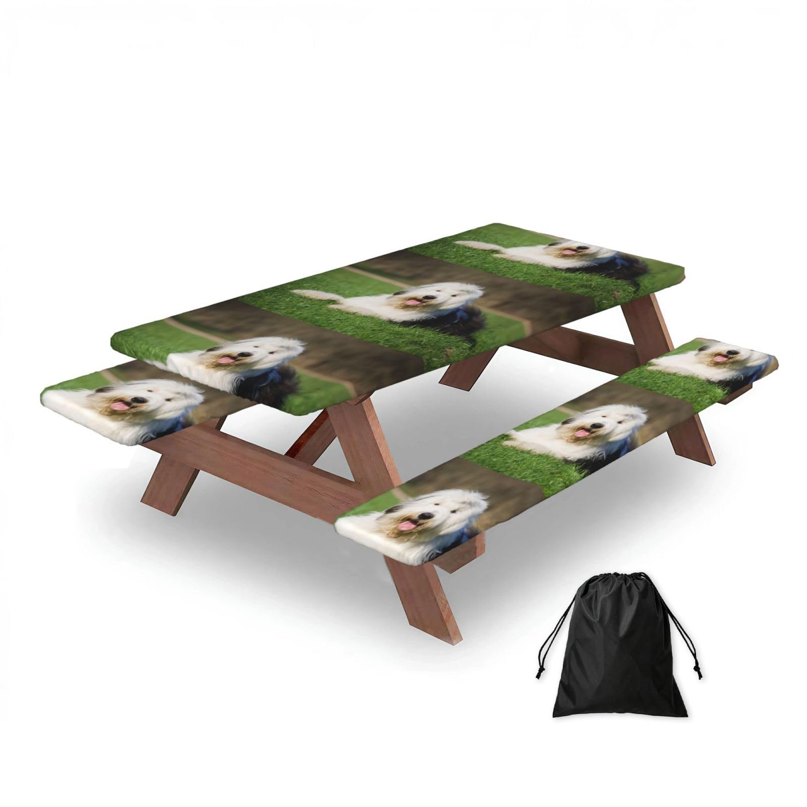 Dopklna As Picture Old English Sheepdog Dog, Picnic Table Cover With Bench Covers -Waterproof Elastic Fitted Tablecloth For Garden Camping Patio 76X152cm