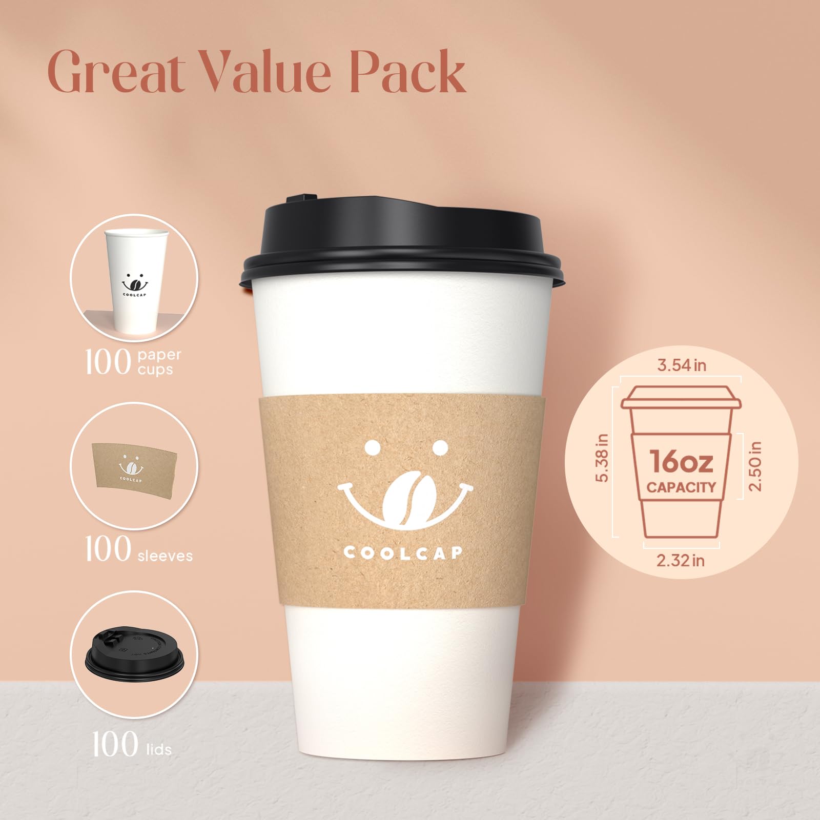 Amazon.com: Coolcap Coffee Cups with Lids and Sleeves, 16 Ounce 100 pack To  Go Coffee Cups with Lids, Disposable Hot Coffee Paper Cups Bulk for Hot  Beverage (16 Ounce, White) | with