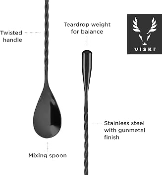 Viski Gunmetal Weighted Stainless Steel Barspoon, Japanese Twisted Stem Handle, Teardrop Weight