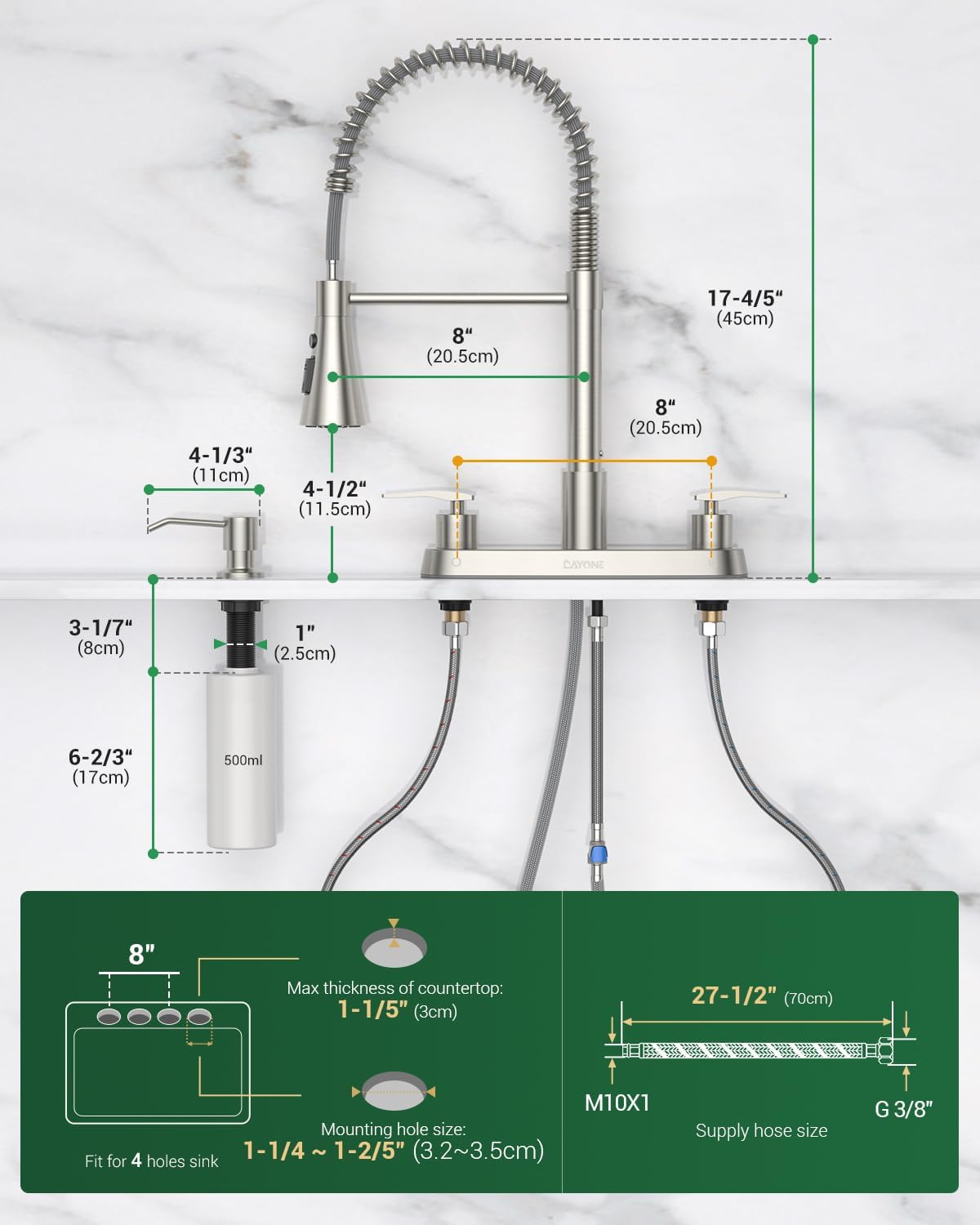 DAYONE 2 Handles Kitchen Faucet with Soap Dispenser, Commercial 4 Holes Kitchen Faucet with Pull Down Sprayer 3 Modes, Brushed Nickel Stainless Steel 3 Holes Faucet for Kitchen Bar RV