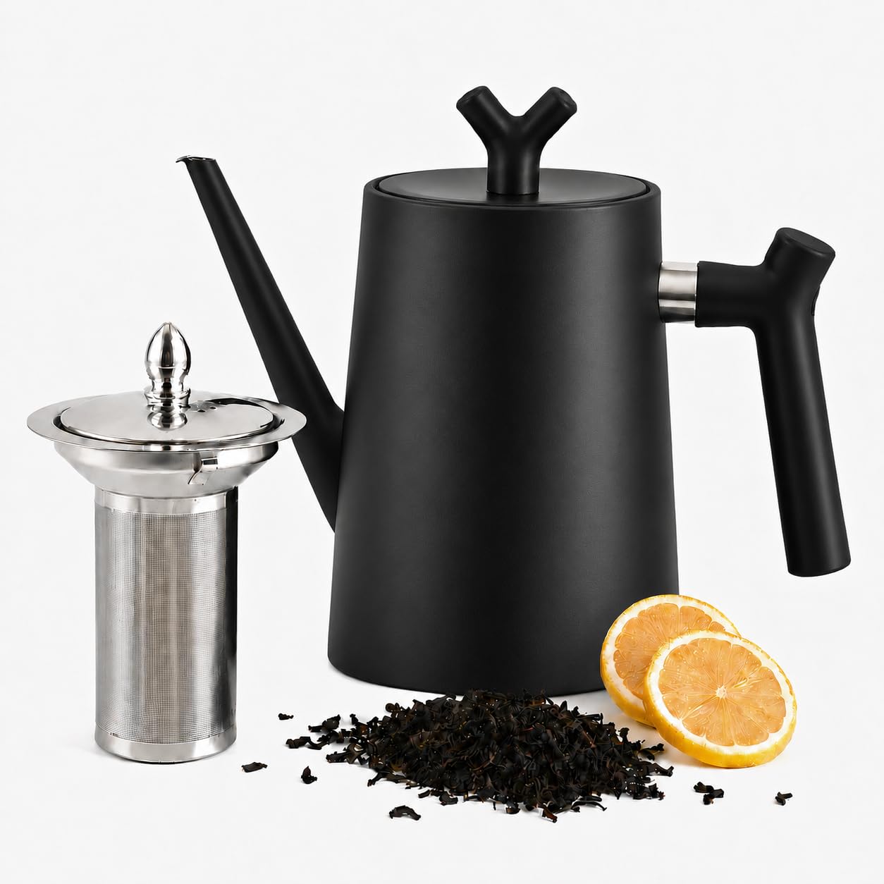 Teekanne mit Siebeinsatz 1.5 L - Teekanne Edelstahl Doppelwandig Schwarz Isolierkanne für Losen Tee Kräutertee und Kaffee - 100% Tropffrei Hitzebeständiger Griff für alle Herdarten