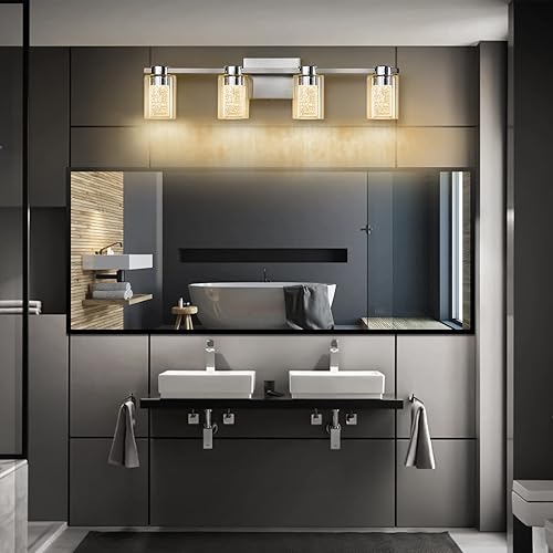 Miniatura 6 de Lámparas de baño de 4 luces, luces de tocador de níquel cepillado, luz LED regulable sobre espejo, modernas luces de tocador de cristal para baño,