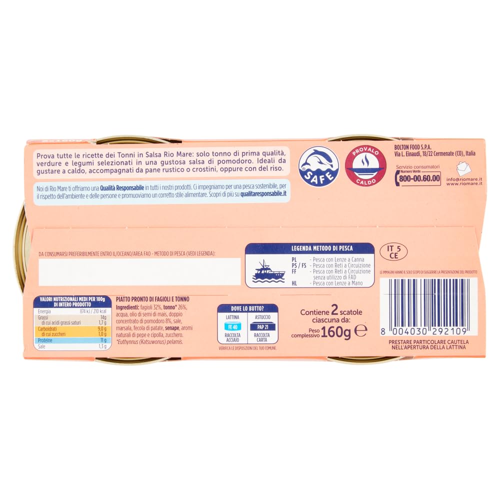 Italian Gourmet tonno e fagioli piatto Thunfisch Dose 12 x 2 x 160g | Mit Bohnen, ricetta mediterranea da gustare; praktische Portionen für Büro, Gesamtnettogewicht 320 g + Kostenlos Polpa 400g