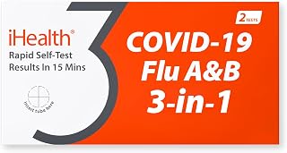 iHealth 3-in-1 COVID-19 Flu A&B Rapid Antigen Test Kit - 15 Min FDA EUA OTC Home Nasal Swab, 2 Tests for Ages 2+