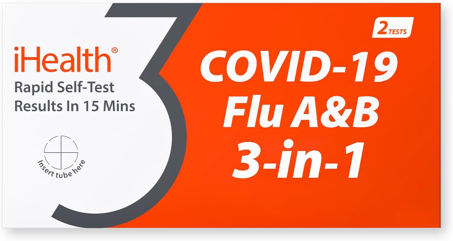 iHealth COVID-19, Flu A&B 3-in-1 Antigen Rapid Test, Results in 15 Minutes, FDA Authorized OTC Flu & COVID Home Test, with Non-invasive Nasal Swab, Easy to Use & No Discomfort (1 Pack, 2 Tests Total)