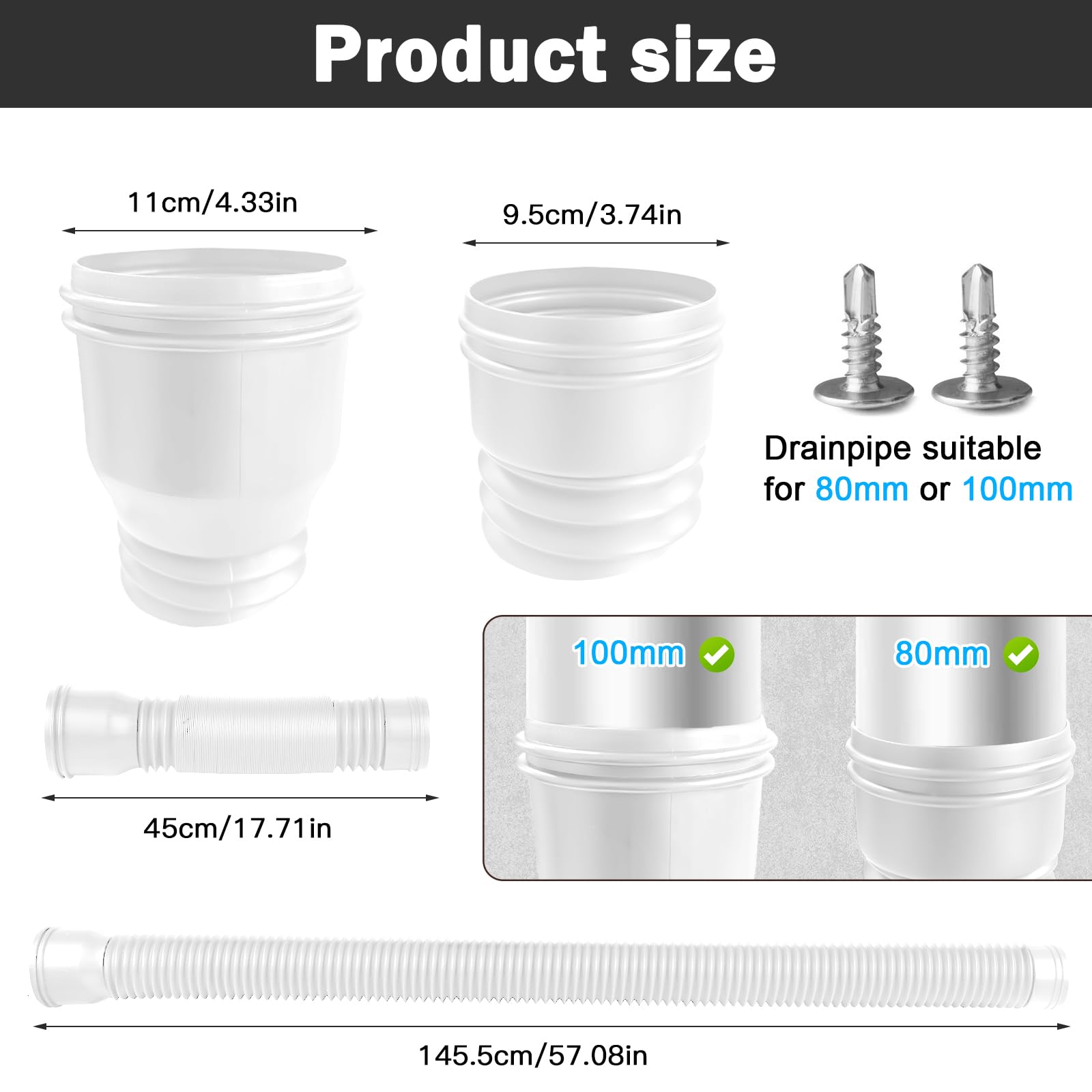 1 pieza de extensión flexible para canalones y bajantes, 80/100 mm extensible para canalon de 47 a 150 cm, extensión canalones pvc para lluvia tejado, blanco
