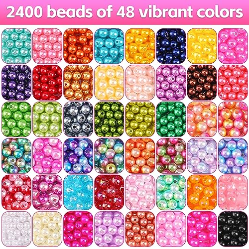 2400 peças de pérolas para fabricação de joias, 48 contas de pérolas redondas coloridas de 6 mm para