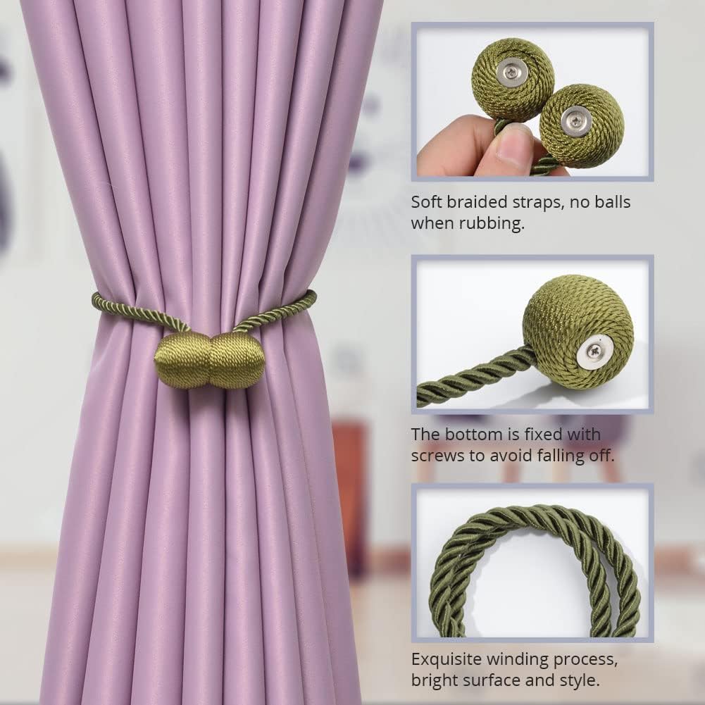 NICEEC 4 Pack Upgrade Magnetic Curtain Tiebacks 16 Inch Handmade Weave Rope Curtain Holdbacks Convenient Decorative Round Curtain Drape Tie Backs for Home & Office Window Drapery (Olive Green)