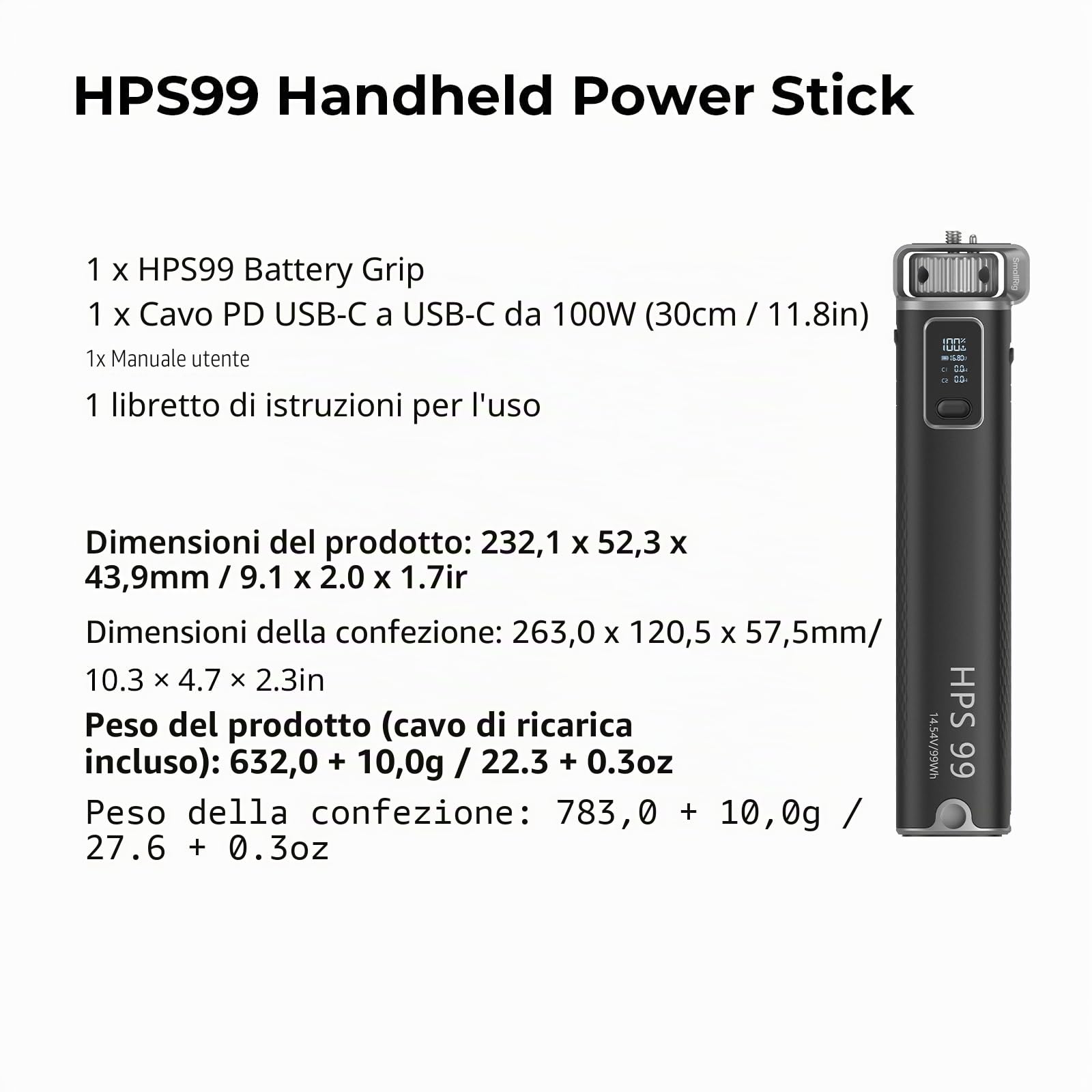 SMALLRIG Impugnatura della batteria da 99 Wh/6800 mAh, ricarica rapida PD100W, D-TAP, 2 porte USB-C, maniglia per RC60/RC100, per fotocamere Sony FX3/FX30/ZV-E10