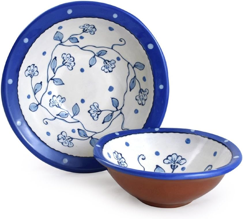 American Made Terra Cotta Pottery 2-Bowl Serving Set, Delft-Style Wildflower Blue Motif