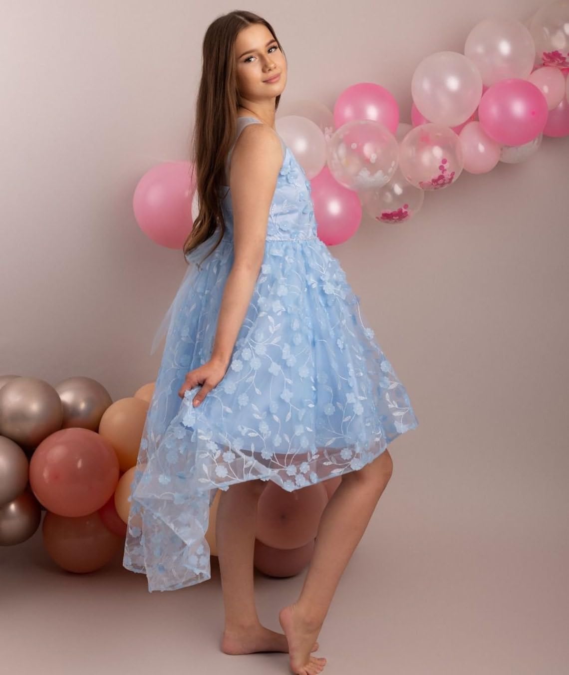 SIRRI Vestido Floral para niñas con superposición Transparente y Bordado Ocasiones Especiales