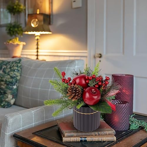 Miniatura 5 de Mini árbol de Navidad, árbol de Navidad artificial en maceta con manzanas, conos de pino, bayas, cinta, mesa, pequeños arreglos florales de Navidad