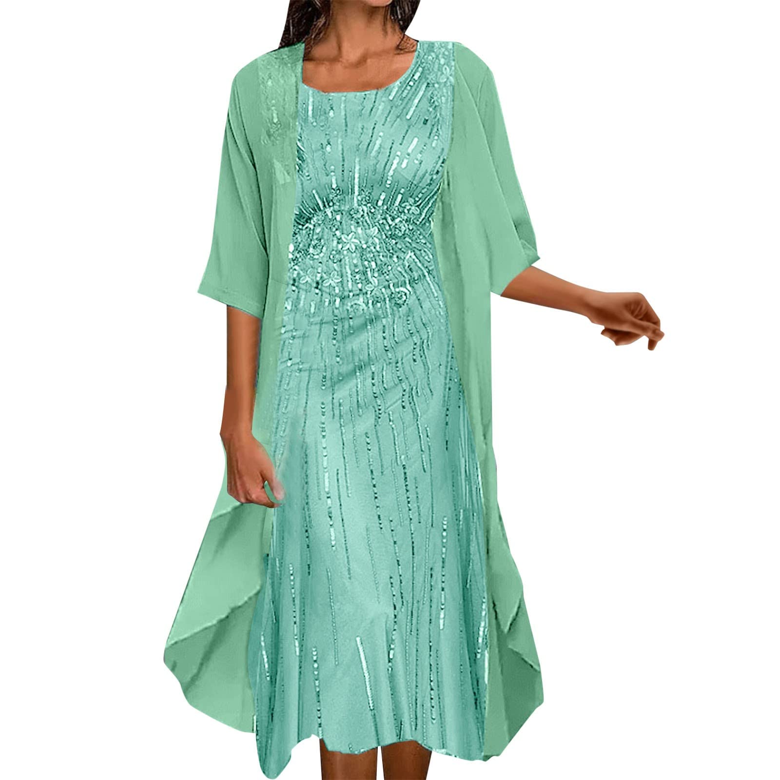 YANJI Vestidos Elegantes Mujer Conjunto de Dos Piezas de Vestido de Gasa Estampado Elegante de Moda y Ocio para Mujer