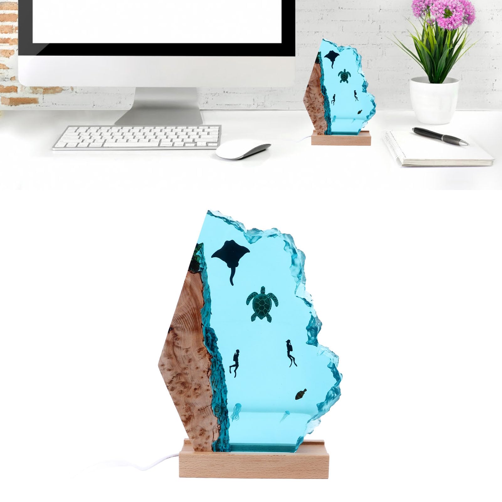 Dekorative Ozean-Skulptur mit Leuchte, 3D-Nachtlicht aus Kunstharz in Form eines Ozeantauchers, LED-Ozeanlicht. Inklusive USB-Kabel und Holzsockel, 22 x 17 cm