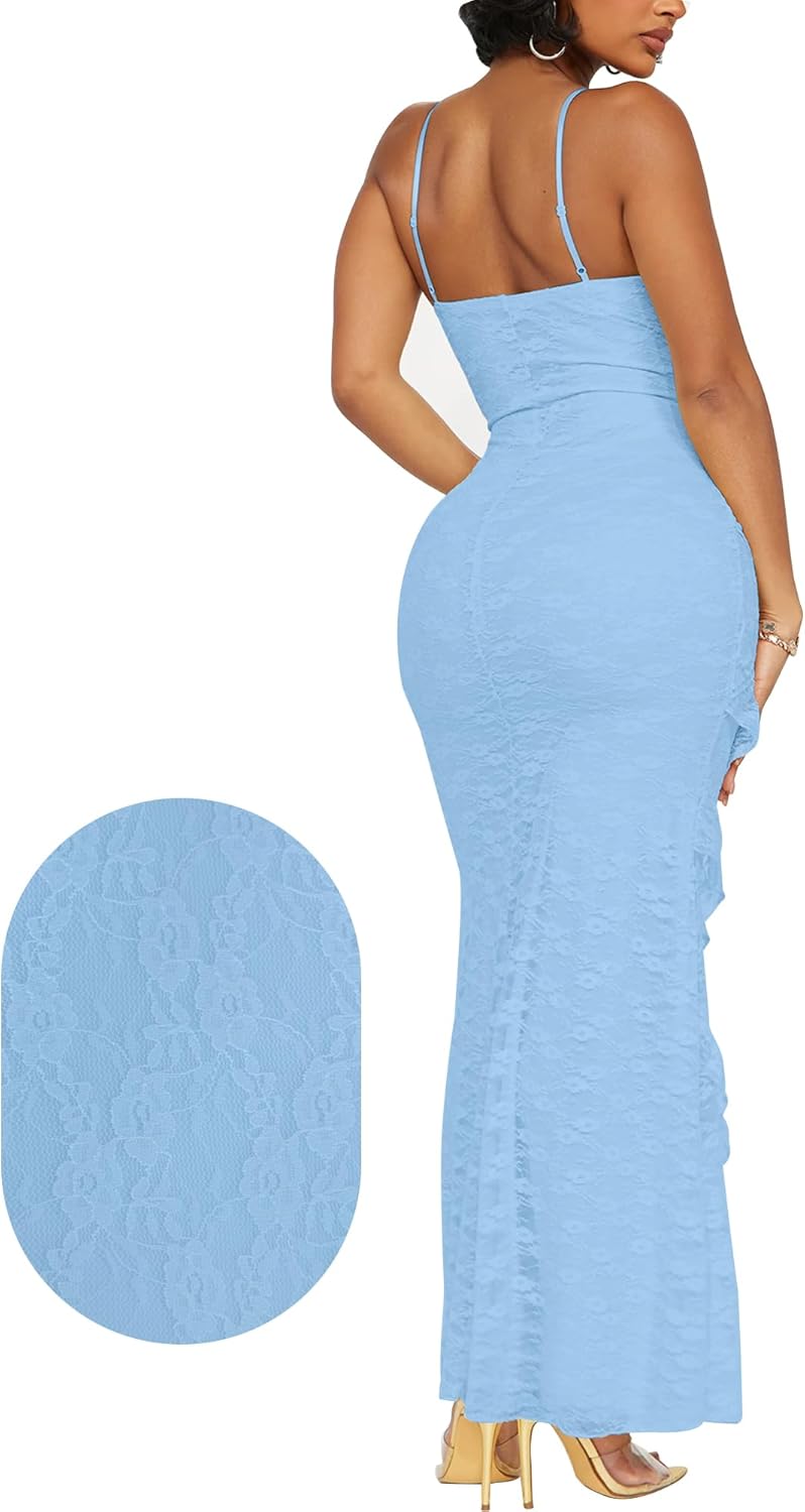 HOCILLE Women's Sexy V Neck Floral Lace Wedding Bodycon Spaghetti Strap Elegant Ruffle Maxi Cocktail Party Dresses - Image 2