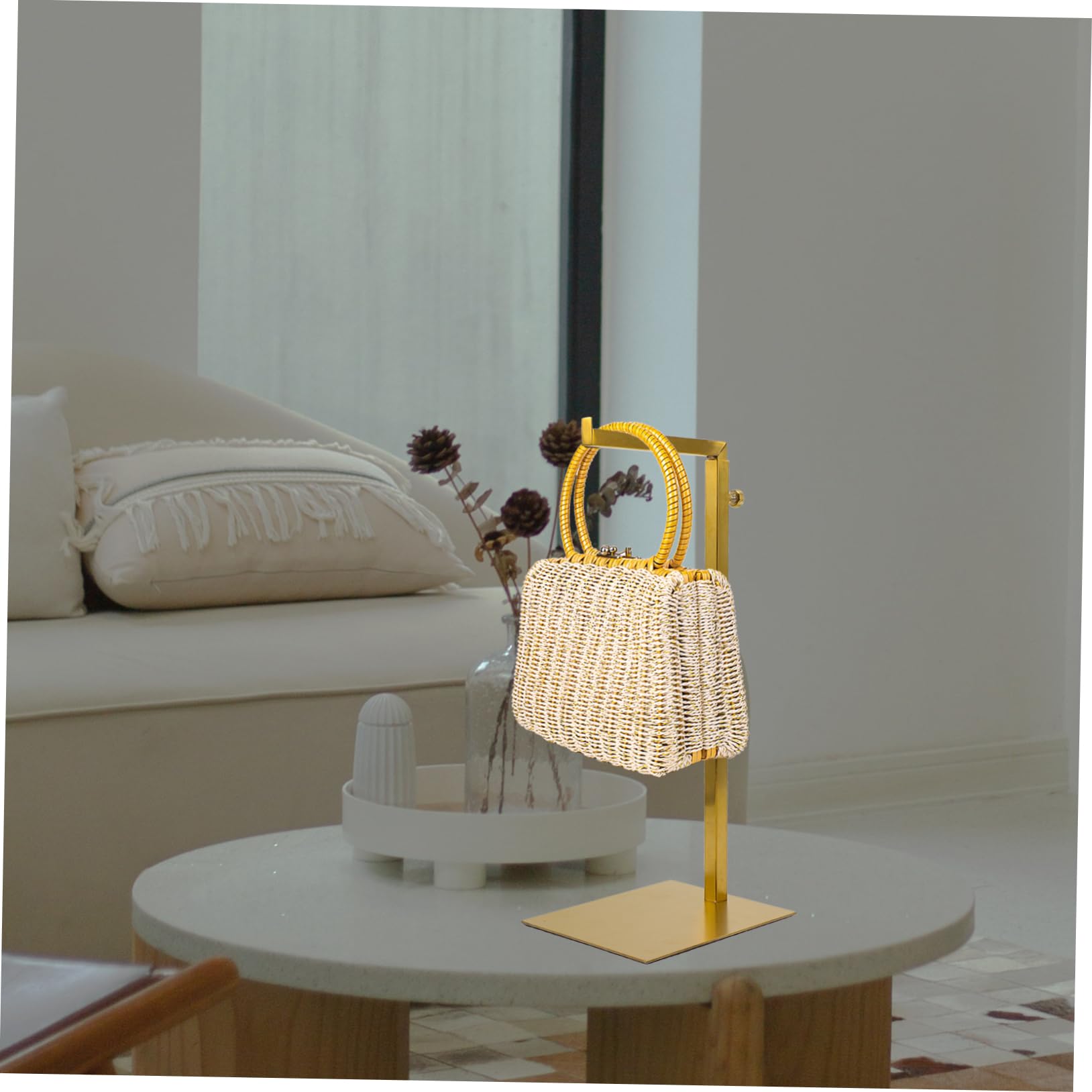 Soporte de exhibición vertical para bolsas y ropa, 4 perchas de metal para bolsos, bolsos, carteras, corbatas y bolsas de mensajero, organizador de armario y estante de almacenamiento