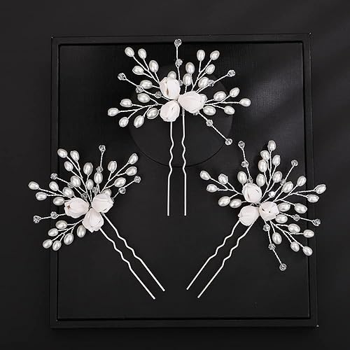 Teyglen 3 horquillas para el pelo de flores nupciales, pinzas para el pelo de flores de boda, perlas florales, piezas de cristal, accesorios de