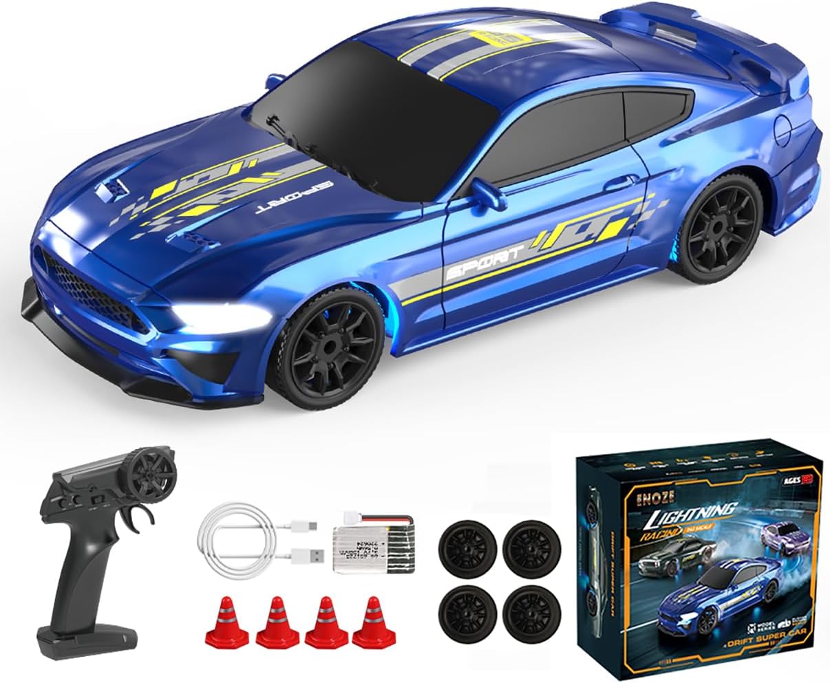 1/43 Mini RC Drift Car 2.4G Full-Proportional 4WD MetalChassis 15KM/H High Speed RC Racing Car Model with LED Lights and Barricade Barrels RTR (Blue)