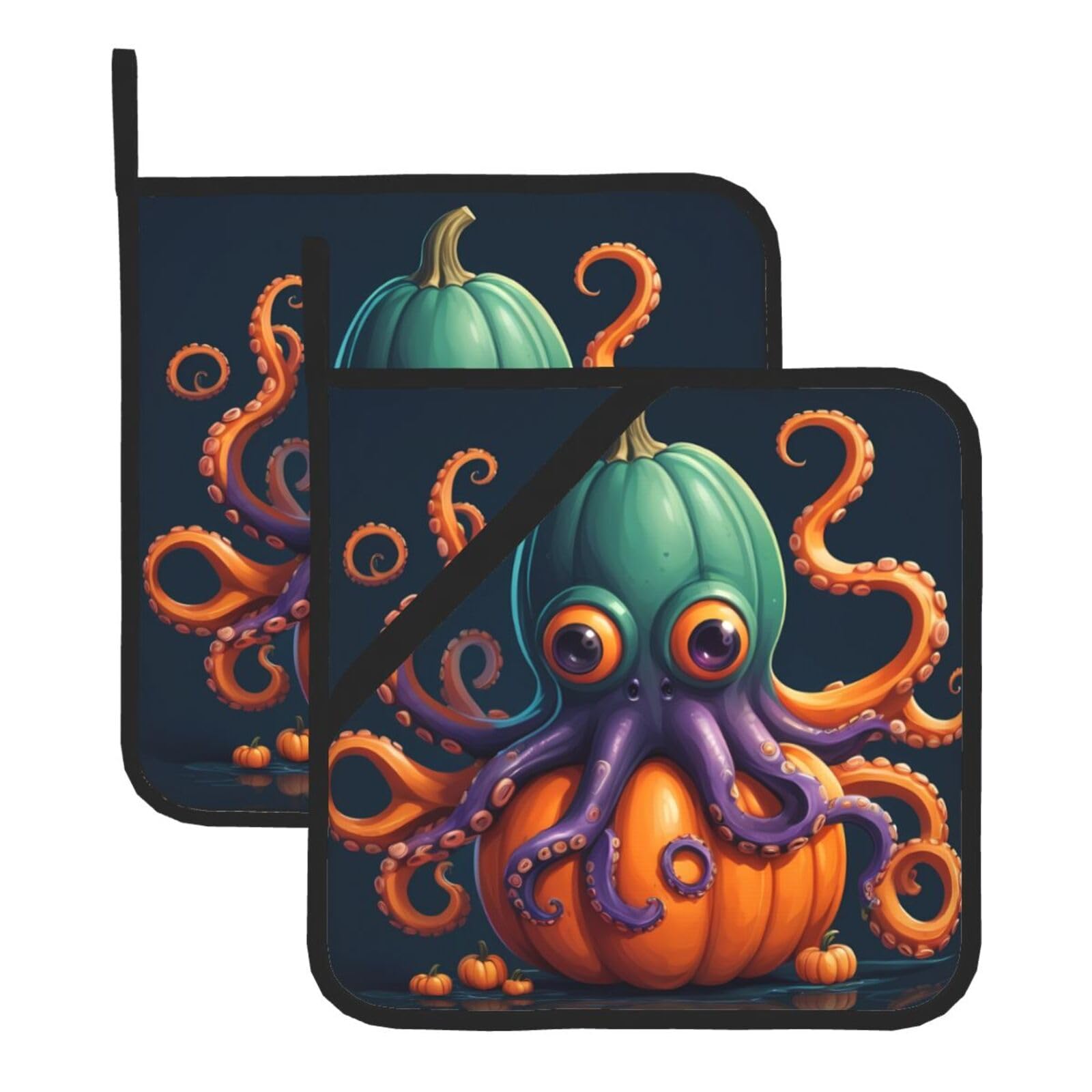 HJFCZH Pumpkin Octopus Printed Square Insulated Pot Mat Set (2-Piece) 8x8in Waterproof, Thickened & Easy to Clean with Lanyard Design for Kitchen, Oven & BBQ