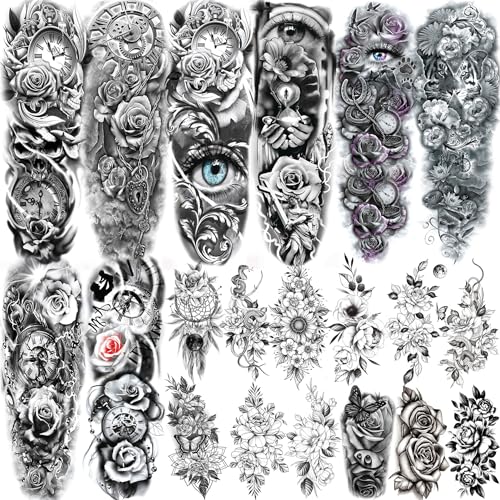 20 Sheets Sexy Rose Flower Full Arm Temporary Tattoos For Women Adults Thigh, Black Tribal Eye Gear Peony Florals Eye Compass Clock Fake Sleeve Tattoos For Women, 3D Temp Halloween Tattoo Stickers 20 Sheets Sexy Rose Flower Full Arm Temporary Tattoos For Women Adults Thigh, Black Tribal Eye Gear Peony Florals Eye Compass Clock Fake Sleeve Tattoos For Women, 3D Temp Halloween Tattoo Stickers