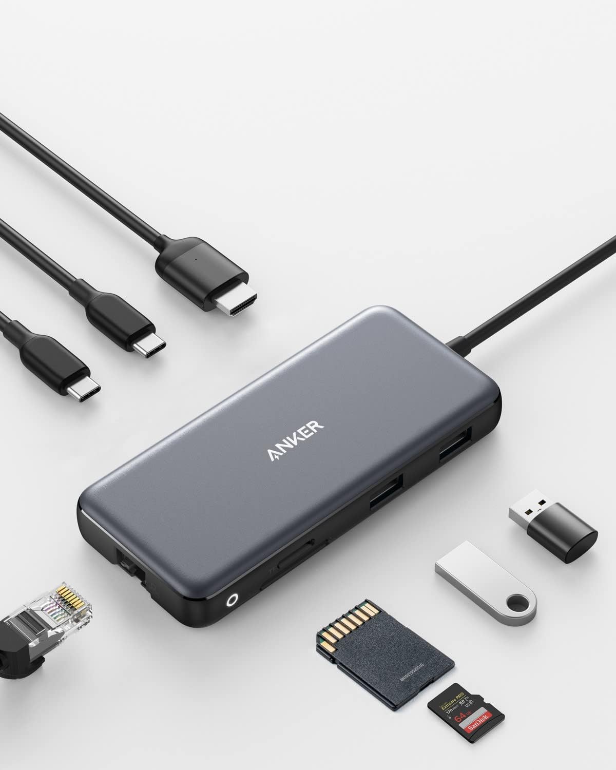 Anker 555 USB-C Hub (8-in-1) for Notebook/Monitor - Memory Card Reader - MicroSD, SD - 100W - 4K 3840x2160 - 2 USB-A Ports - 1 USB Type-C - Supports 1 Display
