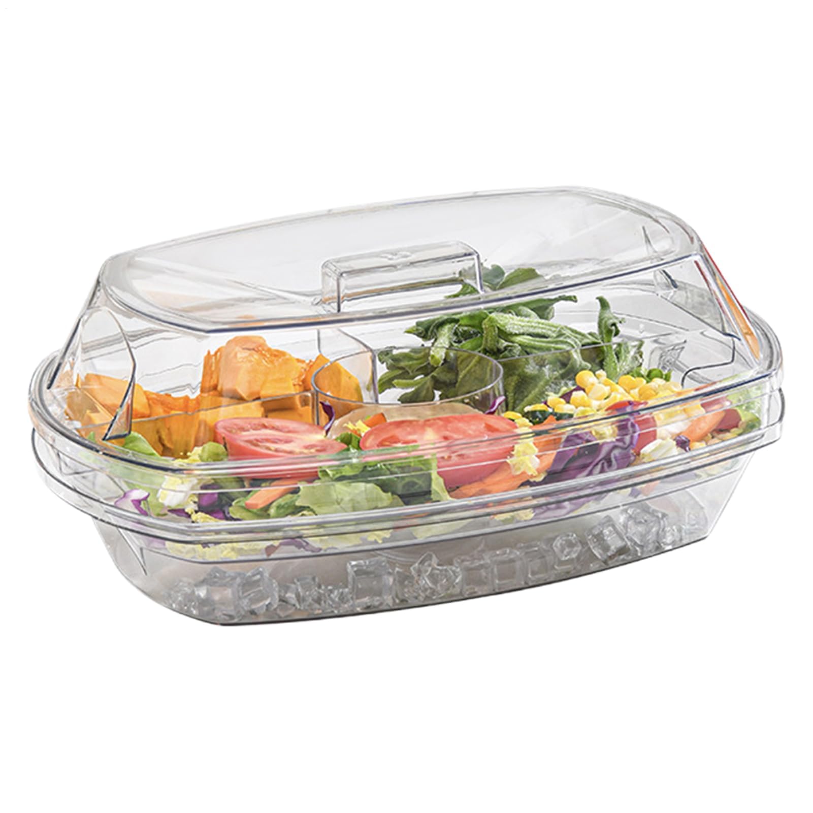 Bandeja de servir fría para fiestas, plato de 4 compartimentos con tapa, perfecto para frutas, aperitivos, postres, verduras, mariscos y camarones, cocta - Ideal para picnic y nevera