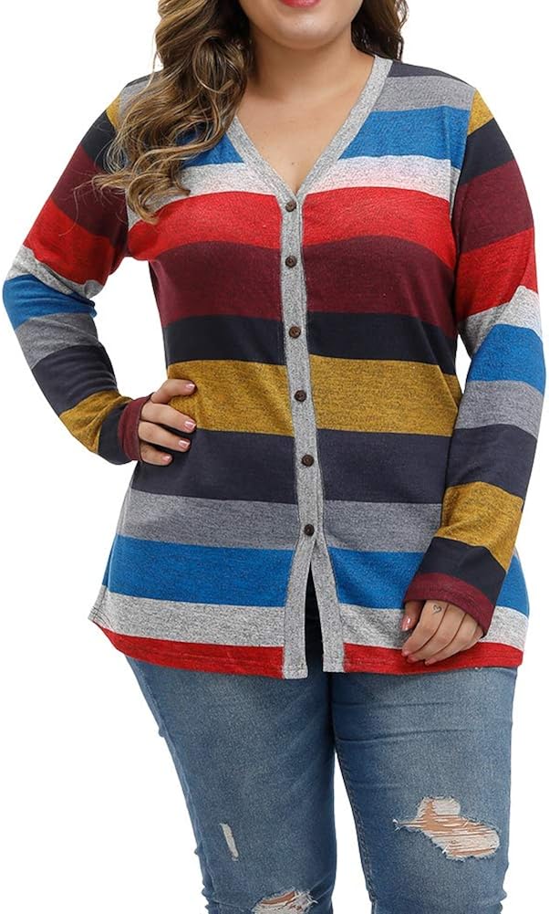 ALLEGRACE Women Plus Size Blouses Openable Button Down Shirts Long Sleeve Color Block Stripe Tops