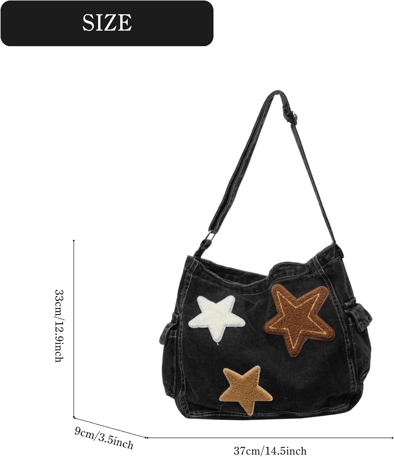 Vintage Star Denim Messenger Bag, Aesthetic Y2K Jean Tote Bag for Women Men, Casual Retro Hobo Bag for Travel Vacation Work